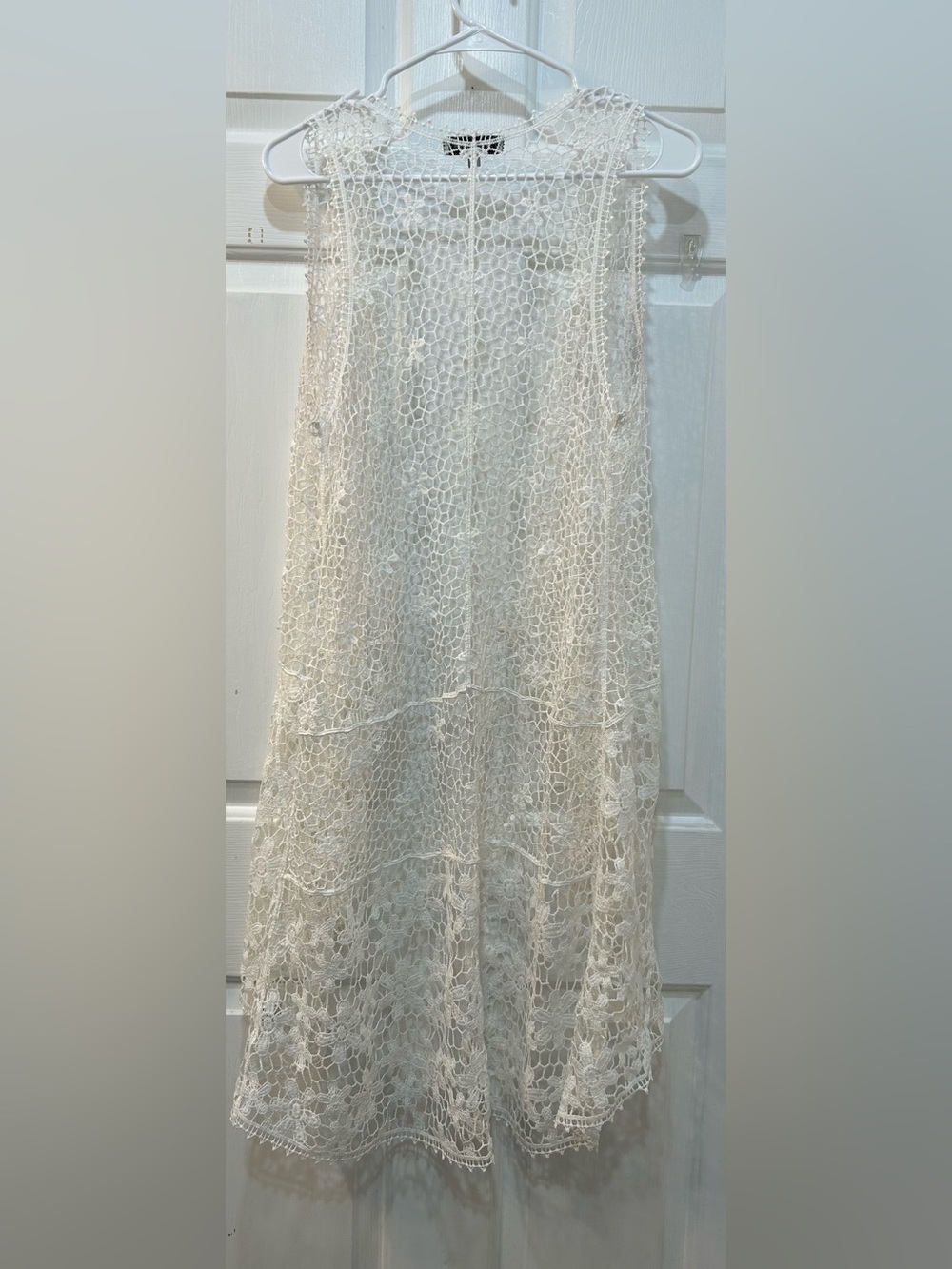 Crochet Lace White Open Knit Kimono Duster Vest Sz M Festival Boho Cottage Fairy - Picture 2 of 9